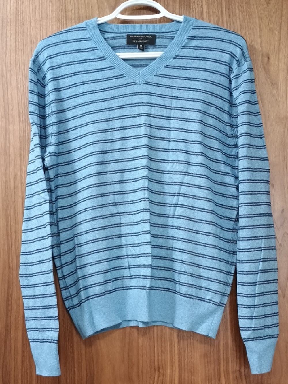 Banana Republic Light Blue V-Neck Sweater with Navy Stripes